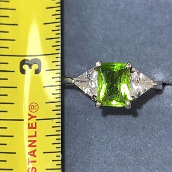 Tourmaline & Crystal Three Stone Ring Emerald Cut Stamped 925 Silver Size 81/2 - Picture 10 of 10